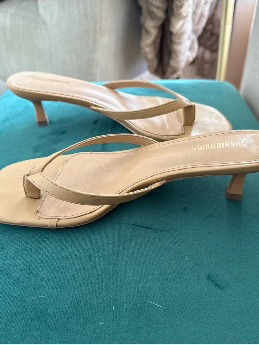 Beige Square-Toe Kitten Heel Thong Sandals Cushionaire Miami